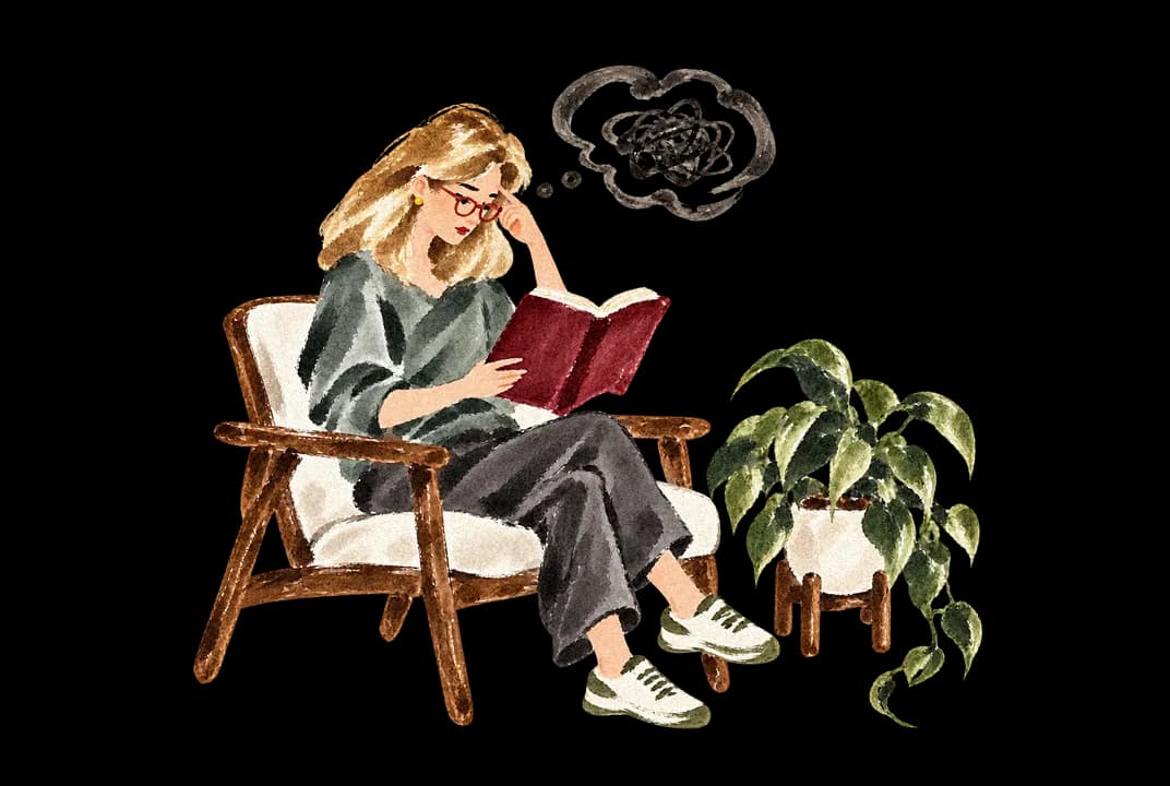 Watercolor of a woman in an armchair puzzling over an open book, with a tangled scribble in a thought bubble above her