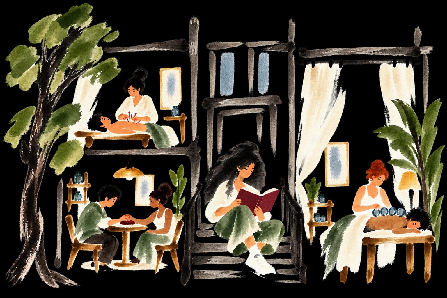 Watercolor of Chinese medicine in one home: acupuncture and cupping visits, a reading nook on the stairs, and a pulse check at the table