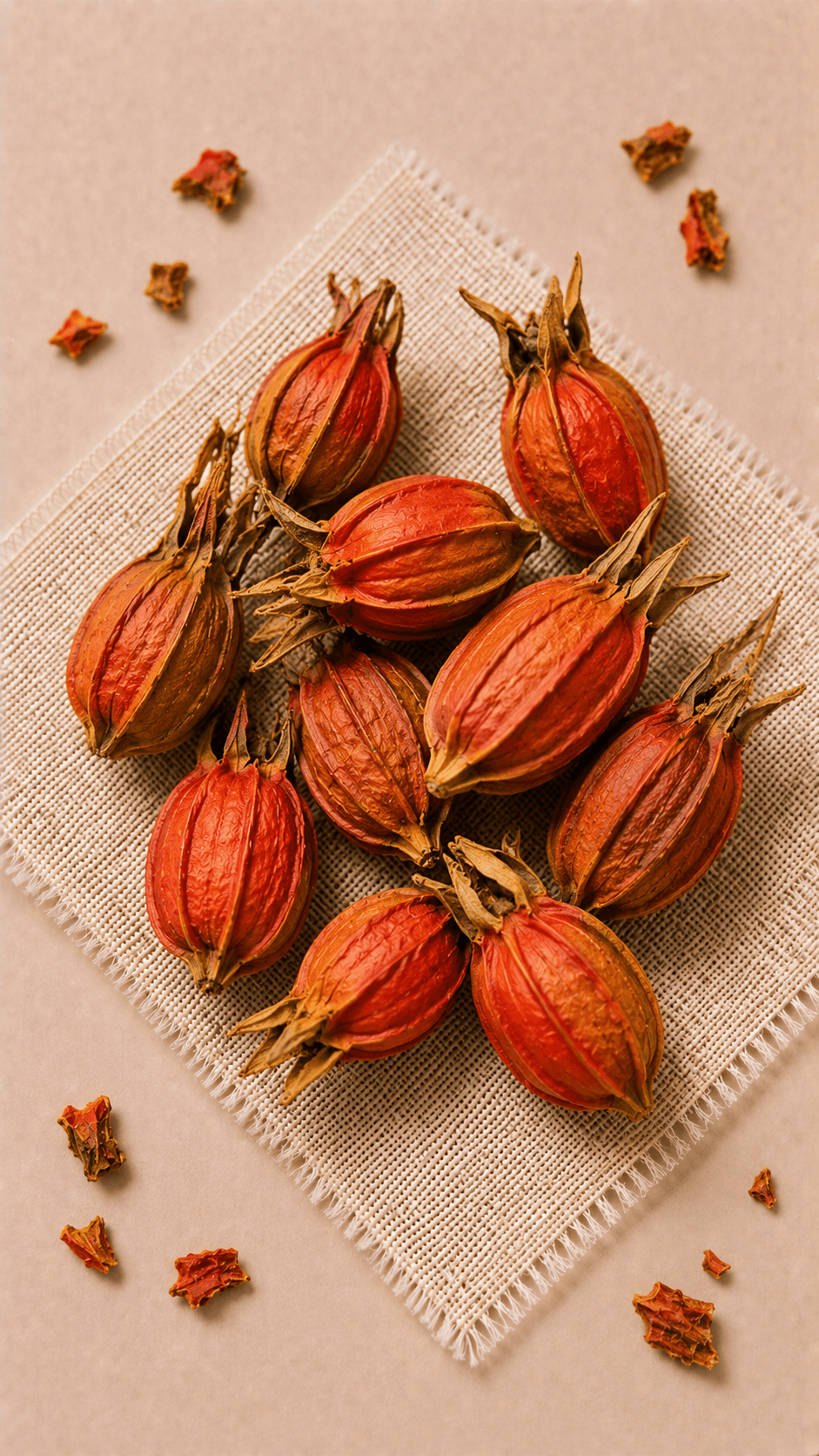 Photo of dried gardenia fruit, small ovoid with six prominent reddish-orange ridges
